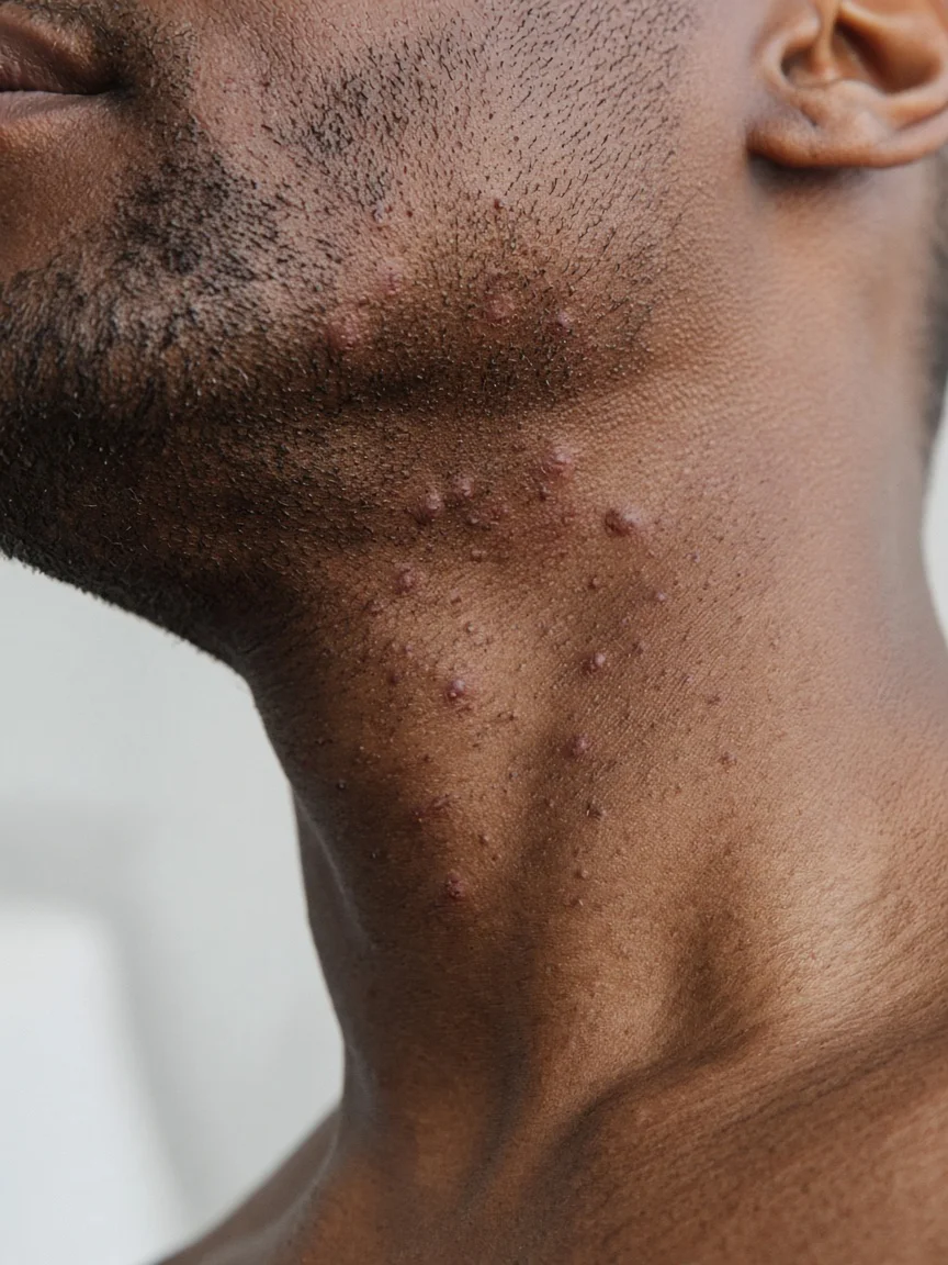 Jawline and neck with visible razor bumps after a close shave