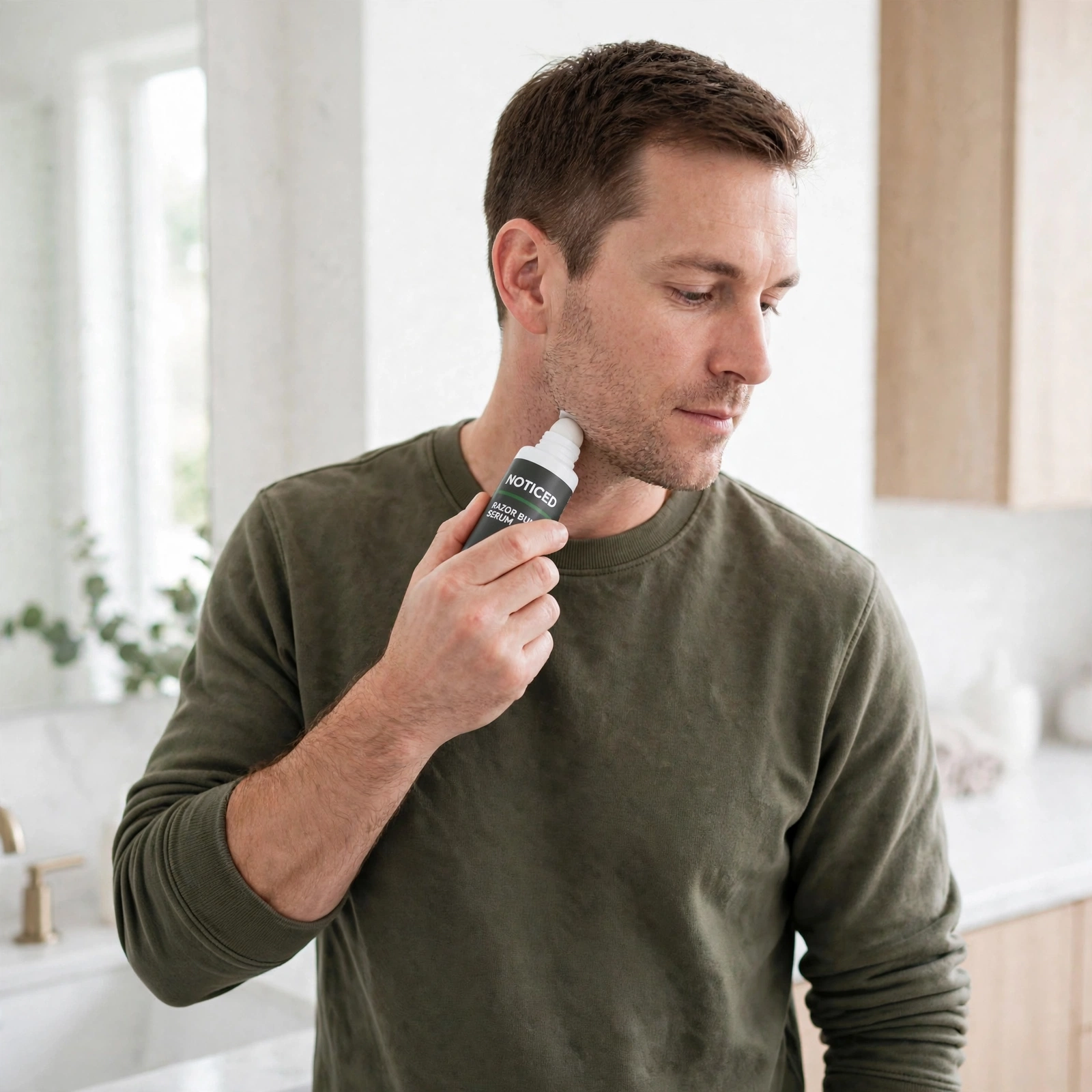 Applying Noticed Razor Bump Serum after shaving